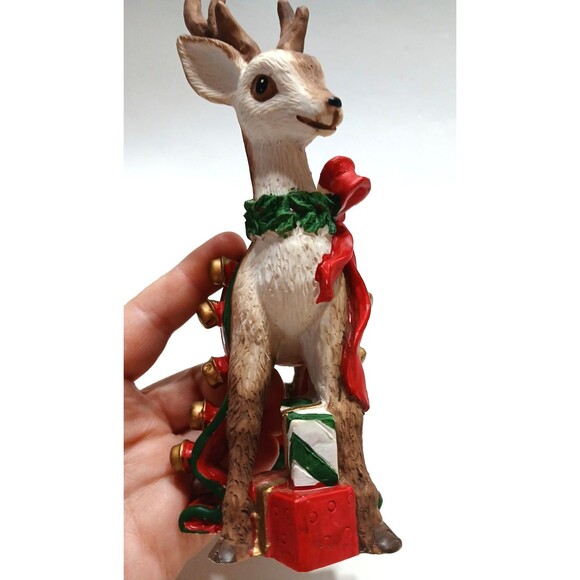 Pair Of Reindeer Sleighbells Bows Gifts 7 Inches Tall and 5.5 Inches Tall - Picture 6 of 10